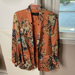 Zara Floral Open Front Blazer in Peachy Terracotta with Blue and Cream Flowers
